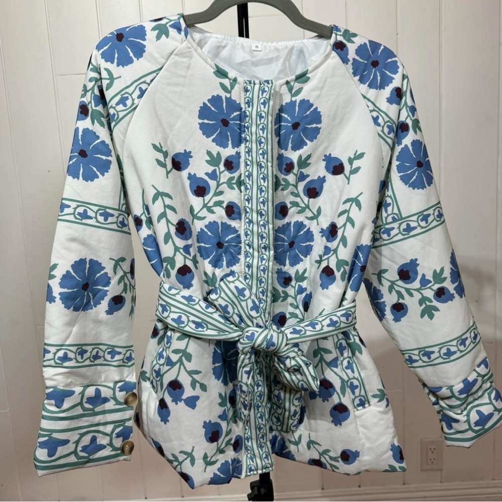 Elegant Floral Print Cotton Jacket With Belt Woman Size S
